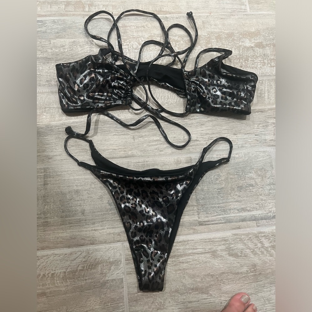 Summer haus by beach bunny black and metallic leopard strappy high rise bikini